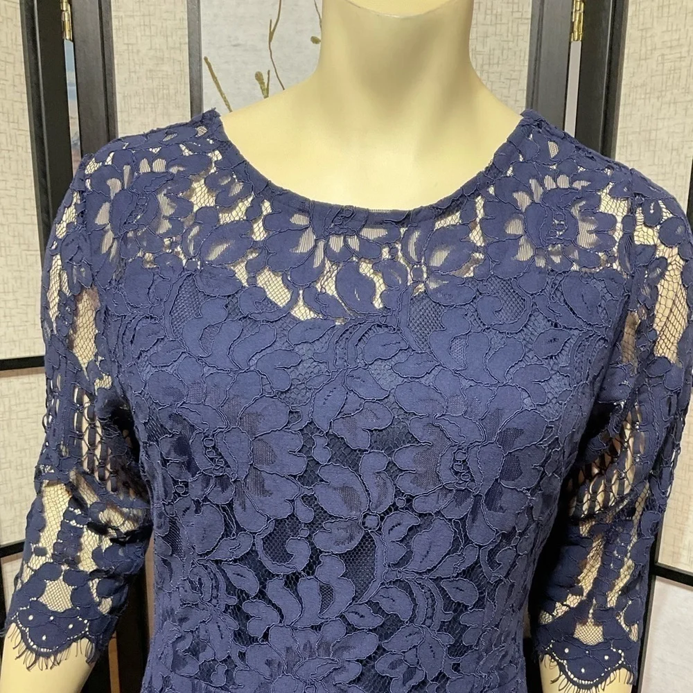 Mslg Navy Blue Lace 3/4 Sleeve Special Occasion Dress - Picture 2 of 10